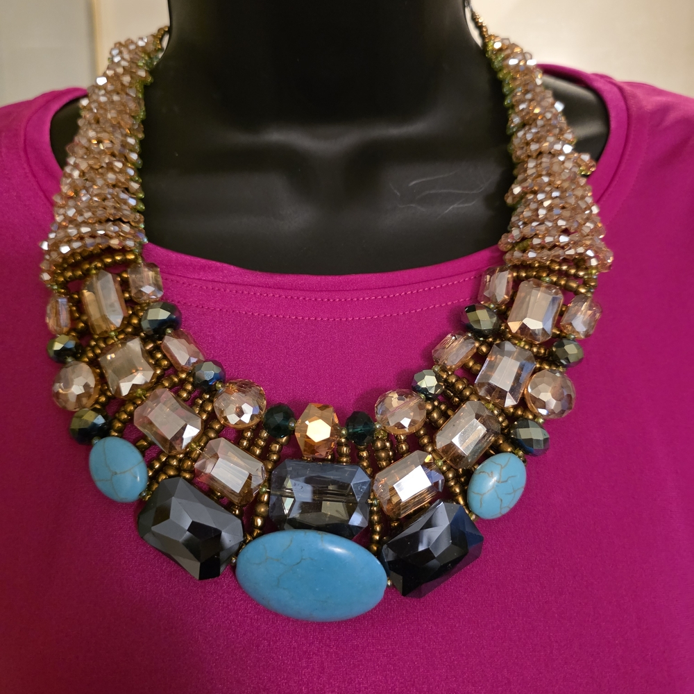 Turquoise & Goldtone Stone Bib Necklace
